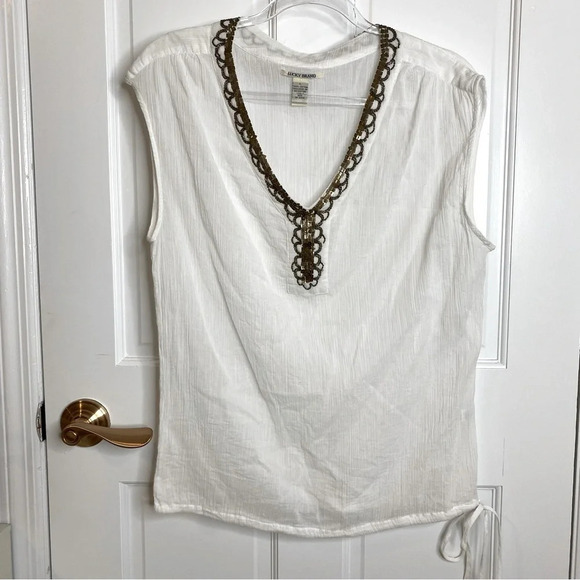 Lucky Brand Gauze Sheer White Blouse w/ Bronze Tone Embellishments Draws… - Picture 2 of 14